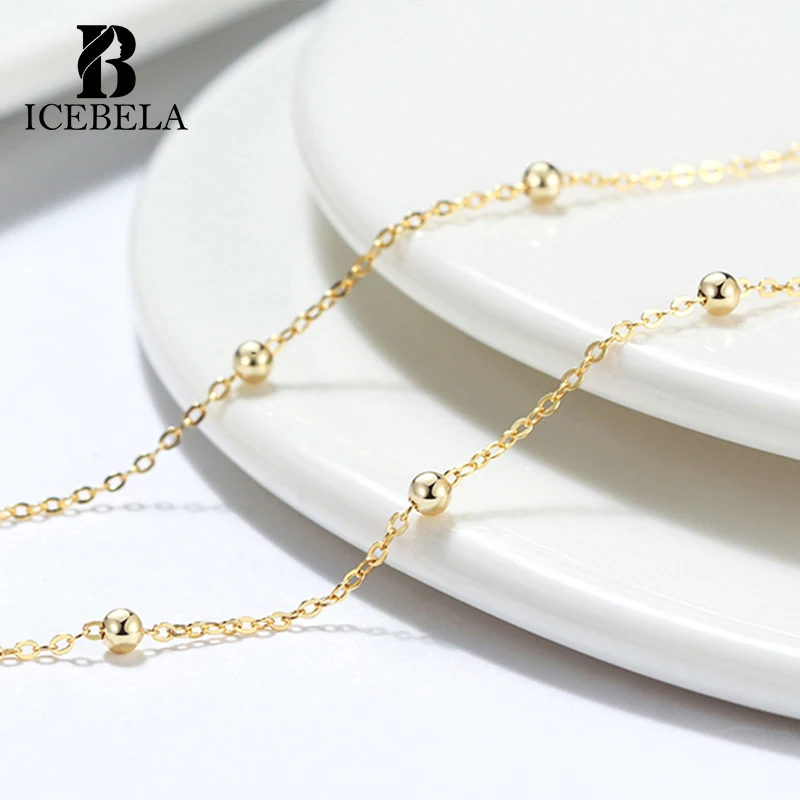 ICEBELA Italian 925 Sterling Silver Chains Jewelry Set Hip Hop 14k Gold 1.4mm Ball Bead Cable Link Chain Necklace For Women