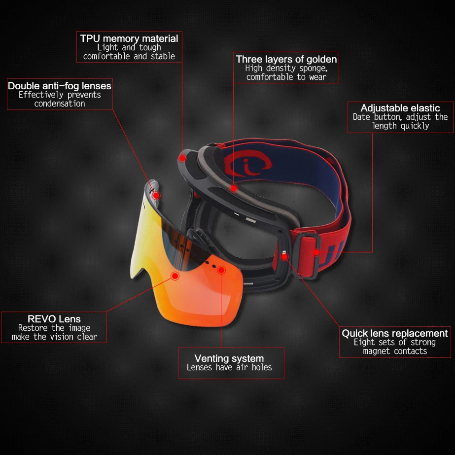  Магнитные лыжные очки 7 цветов цилиндр UV400 анти-туман ударопрочность спортивные для