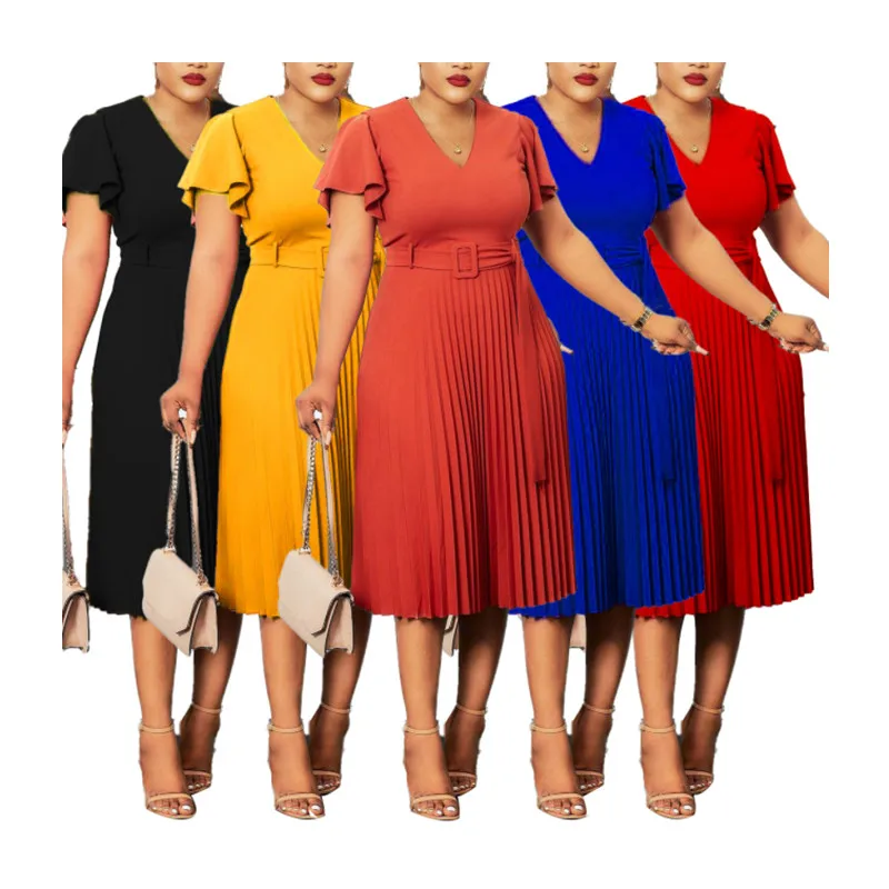 Wholesale Summer Plus Size V-Neck Lotus Sleeve Women Dress Fashion Casual Solid Color Belt Women Dresses