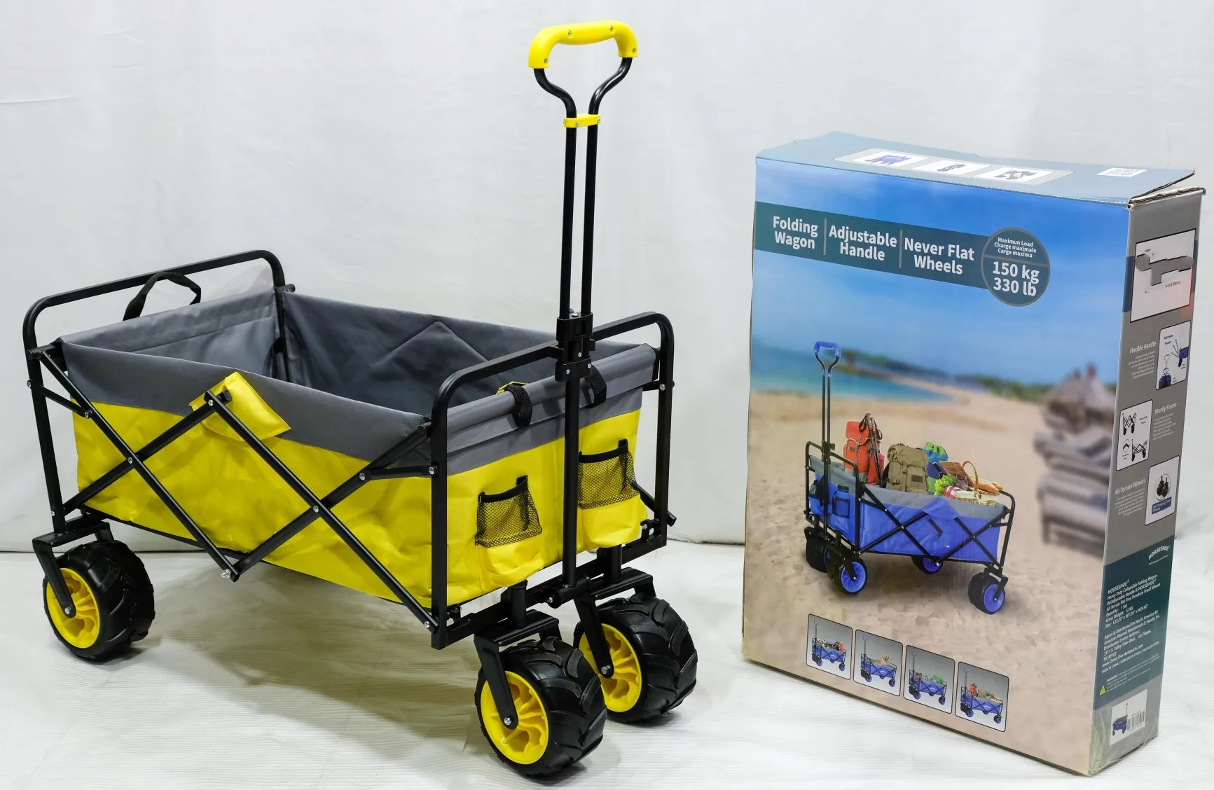 Collapsible Folding Wagon, Heavy Duty Utility Beach Wagon Cart with Side Pocket and Brakes
