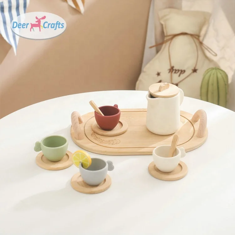 Popular Play House Kitchen Accessories Wooden Afternoon Tea Toy For Kids DD10841