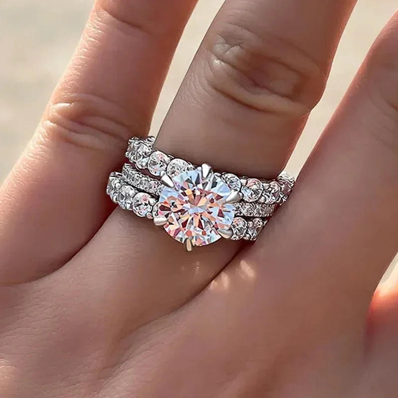 QIREN OEM Classic Bridal Silver Plated 3Pcs Sets Finger Ring Wedding Engagement Party Wear Imitated Diamond Eternity Band Rings