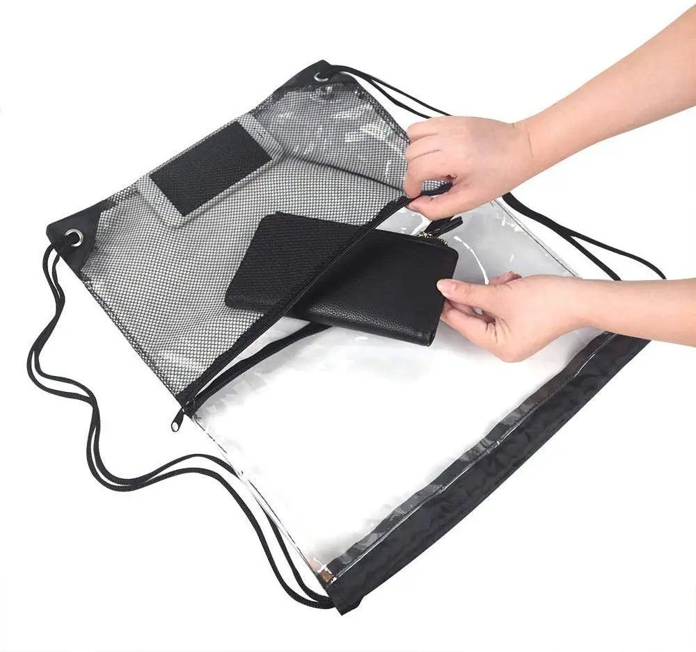 Drawstring Bag Front Zipper Mesh Pocket Travel Schoolbag PVC Drawstring Backpack