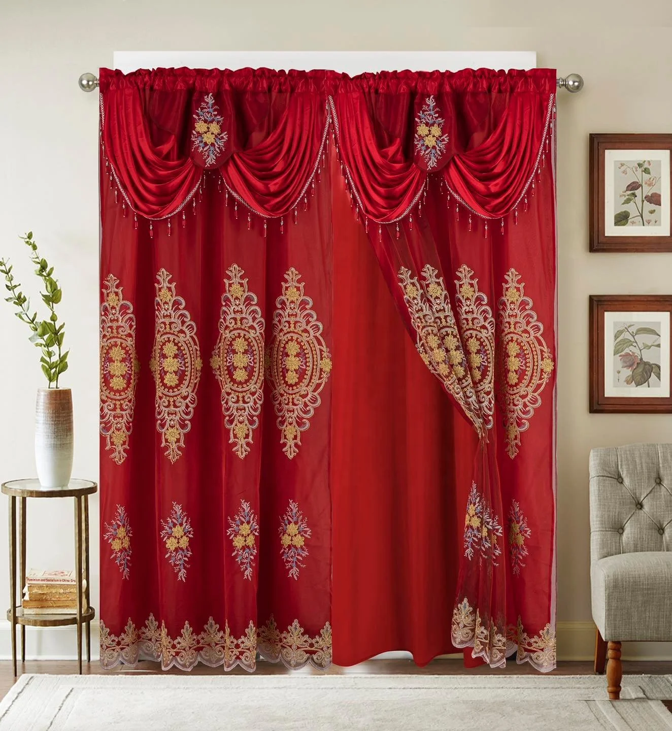 Hot Sale Discount Taffeta Backing and Waterfall Valance Attached Jacquard Blackout Window Curtains Set