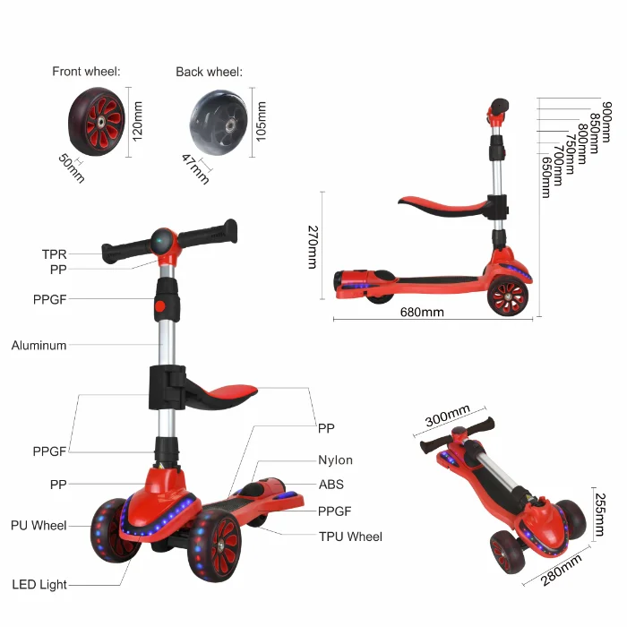 New Arrival 3 Wheel with LED Light 2 in 1 Folding Rocket Spray Smoke Bubble Seat for Children Kids Kick Foot Scooter for Sale
