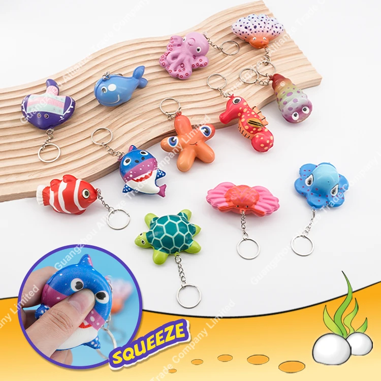 12 Unisex Small PU Slow Rising Toy with buckle Decorative Key Chain Small Marine Animal Slow Rising Squishy Toy PU Squeeze Toys