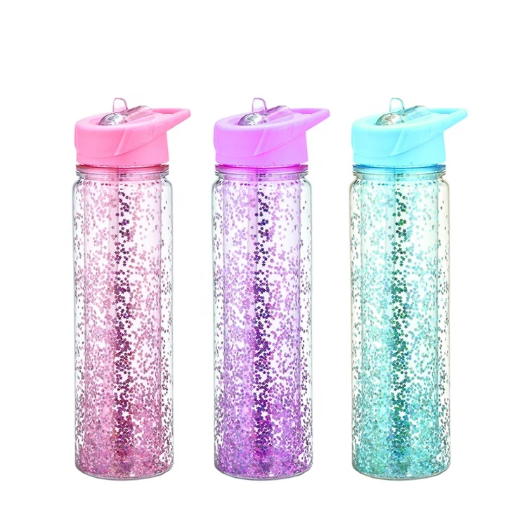 
Pink glitter dust double walled unique plastic mineral transparent water bottle with straw 