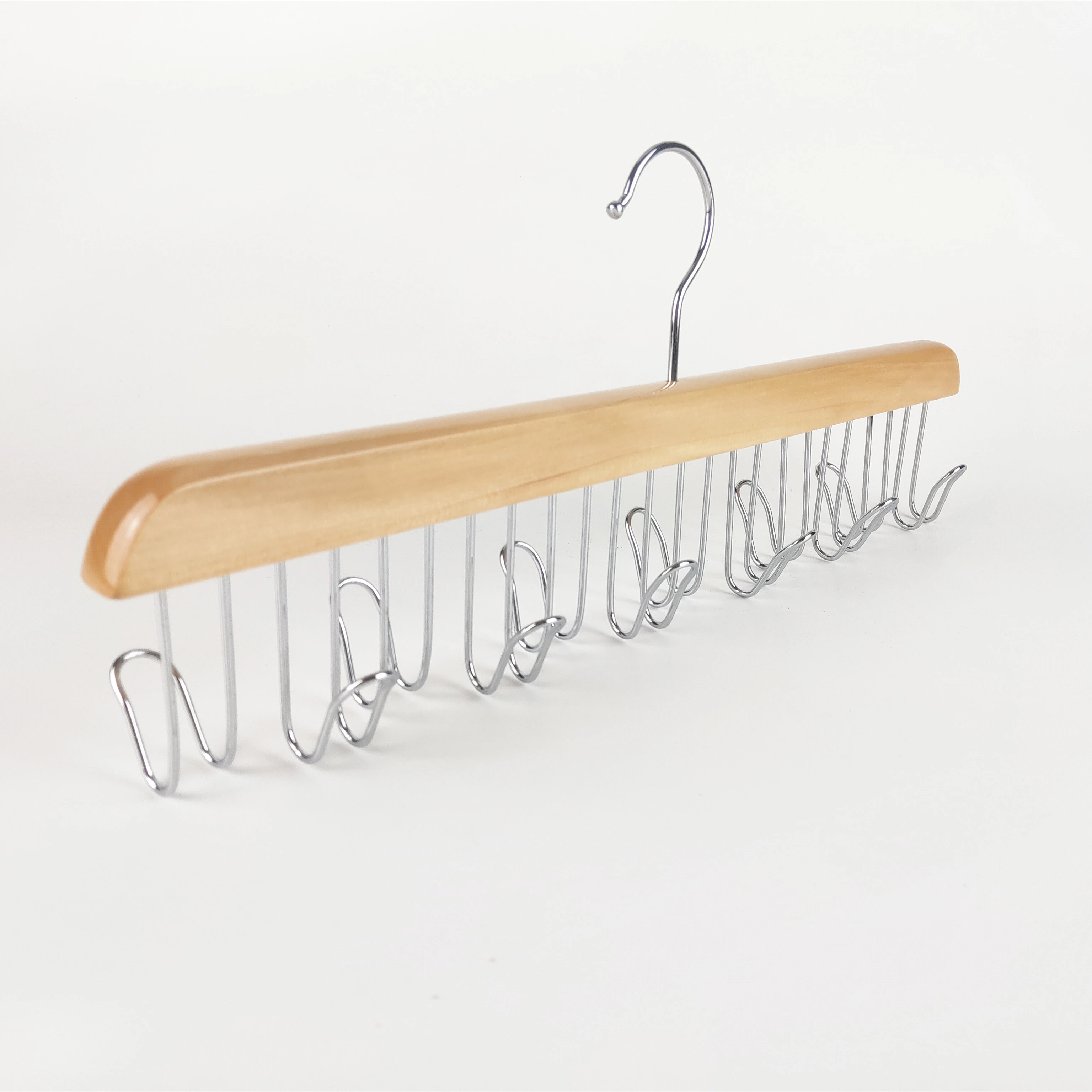 Natural color wooden hanger for tie with 12 hooks