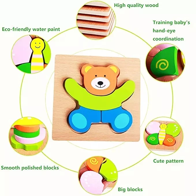 custom Kids Wooden 3D Puzzle Jigsaw Toys For Children Cartoon Animal Vehicle Wood toddler Puzzles