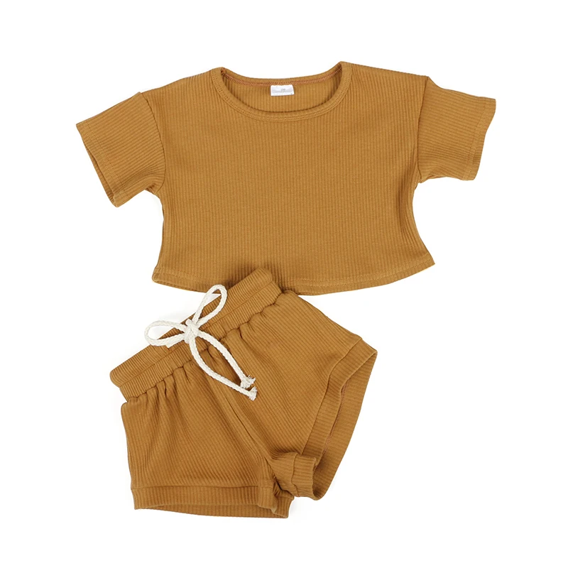 Wholesale baby clothing set Kids short sleeve top pants solid color summer wear