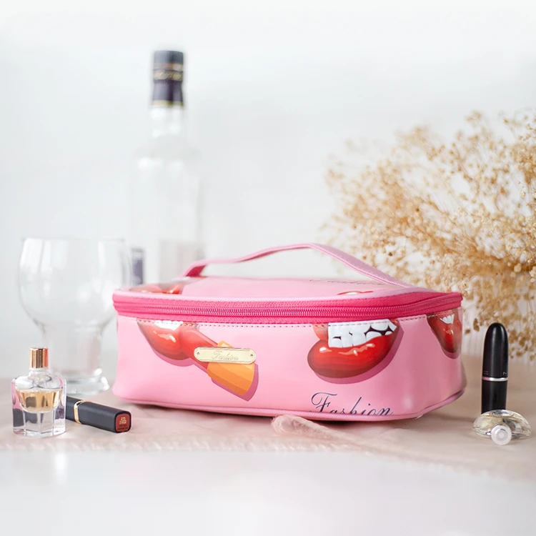 High Quality Promotional Pink Holographic Gold Zipper Travel Makeup Transparent Waterproof Travel Clear Pvc Cases Cosmetic Bags