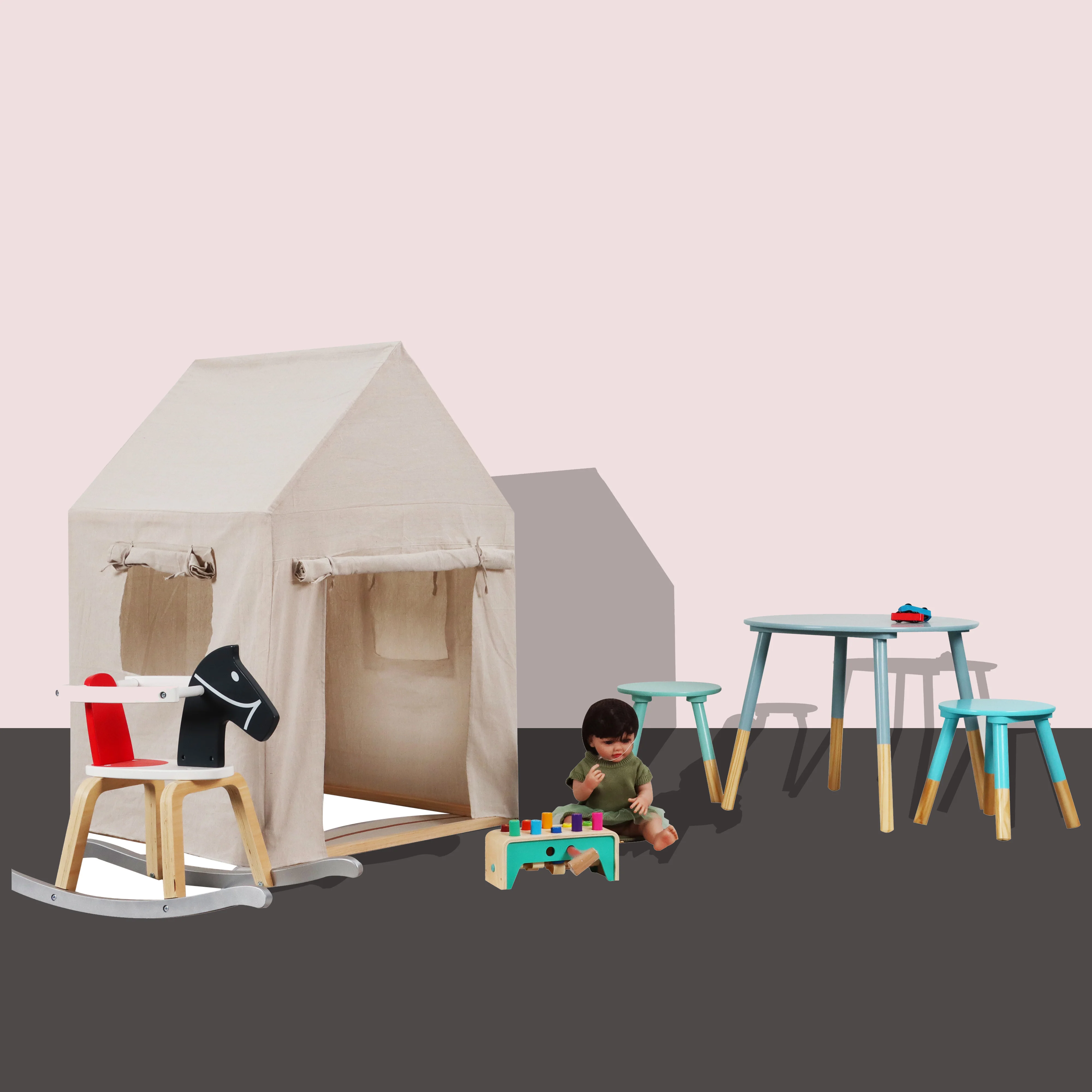 Solid Wood Kids Play Tent Indoor with Windows  Wooden Children Playhouse Outdoor Toddler Tent for Room Baby Furniture