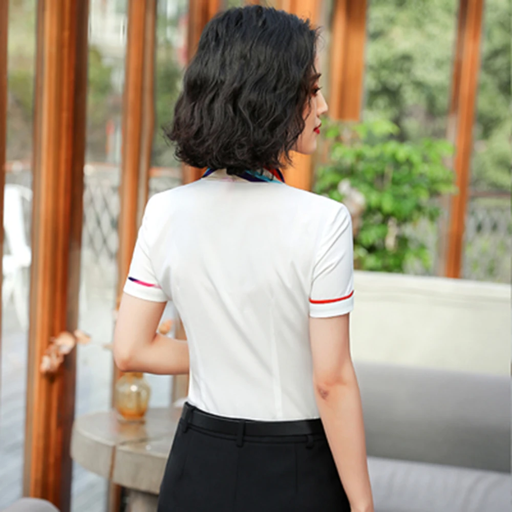 Professional women silk scarf collar short-sleeved white shirt Korean slim white shirt beautician hotel waiter overalls Uniform