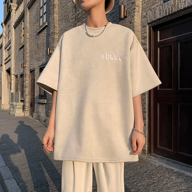 Custom logo vintage shortsleeved mens tee summer loose European American high street heavy embroidered suede halfsleeve tshirt