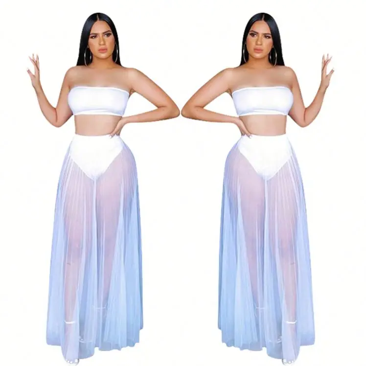 
0320M037 Solid Mesh Tube Top 2021 Summer Sexy 2 Pcs Dress Outfits Long Maxi Skirt And Top Two Piece Set Women Clothing For Women 
