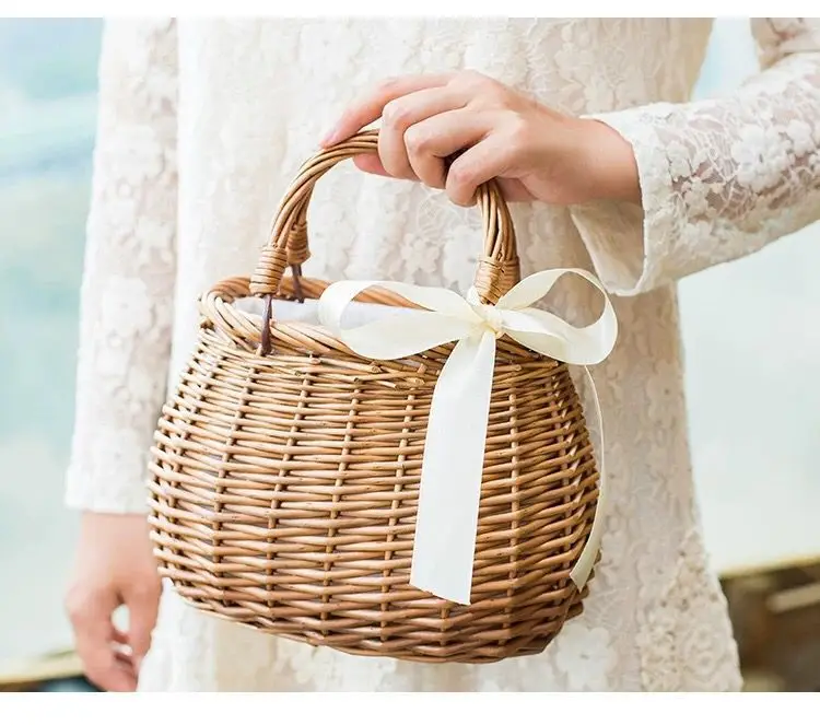 Beach Rattan Basket Bag Summer Ins Storage Basket Rattan Tote Bag Wholesale Bowknot Women Gift Cheap Woven Basket