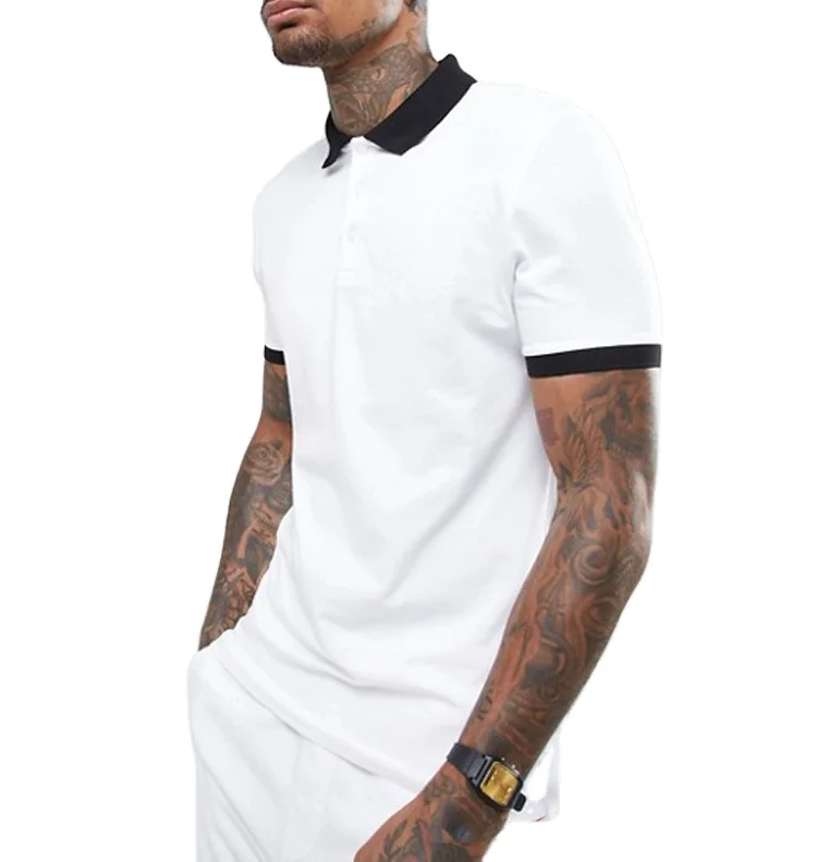 Custom  Muscle Fit 100% Cotton White Polo Shirt For Men With Contrast Rib And Cuff