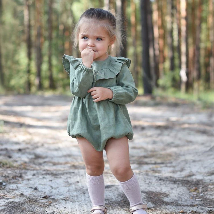Cotton Linen Bubble Sweet Baby Girls Long Sleeve Romper Bubble Clothing