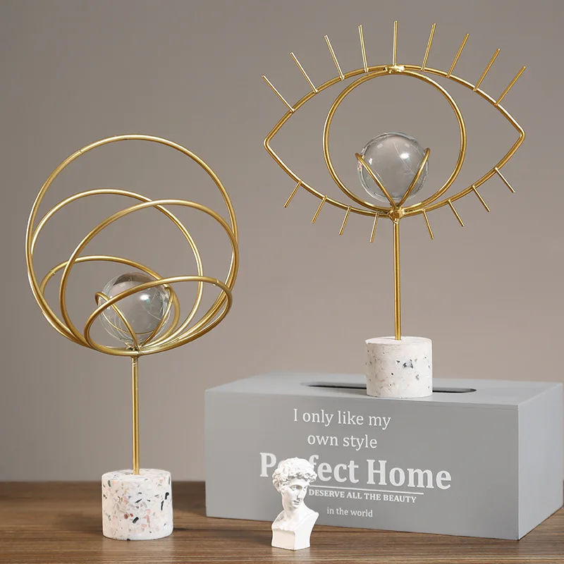 Modern Abstract Art Metal Crystal Ball with Gold Iron Stand Decorative Ornaments for Room Crafts Gifts Office Home Decor