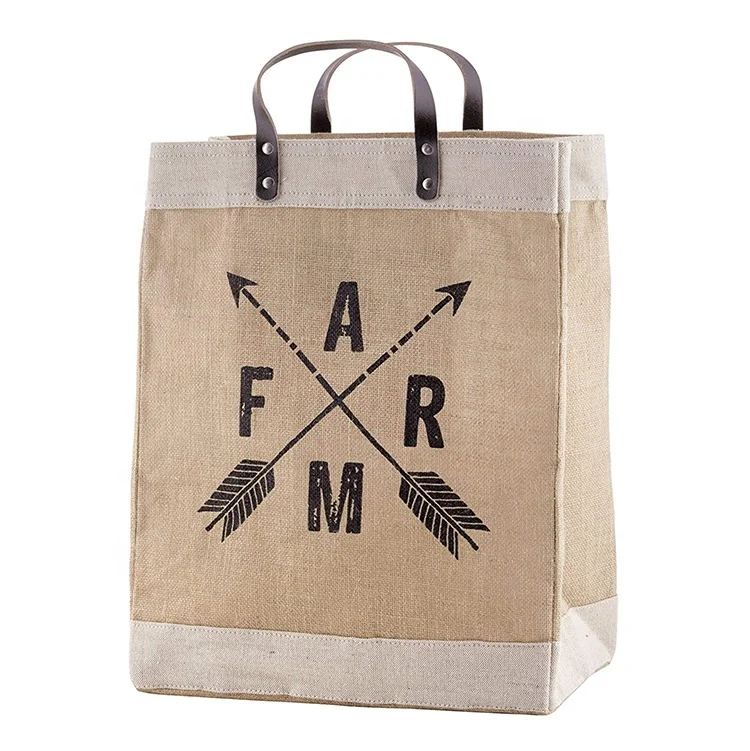Custom Printed Eco Organic Reusable Large Shopping Tote Burlap Jute Bag With Leather Handles