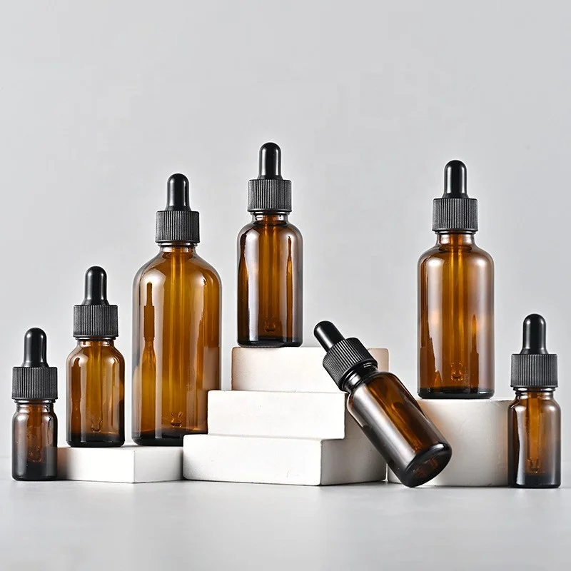 Empty 5 ml 10 ml 15 ml 20 ml 30 ml 50 ml 100 ml Amber glass essential oil bottle with black plastic dropper (GED03-A)