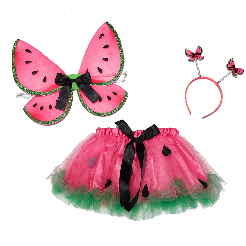 Watermelon shape skirt Short Princess skirt  Butterfly fairy wings set+Beautiful headgear tutu performance costume set for girls