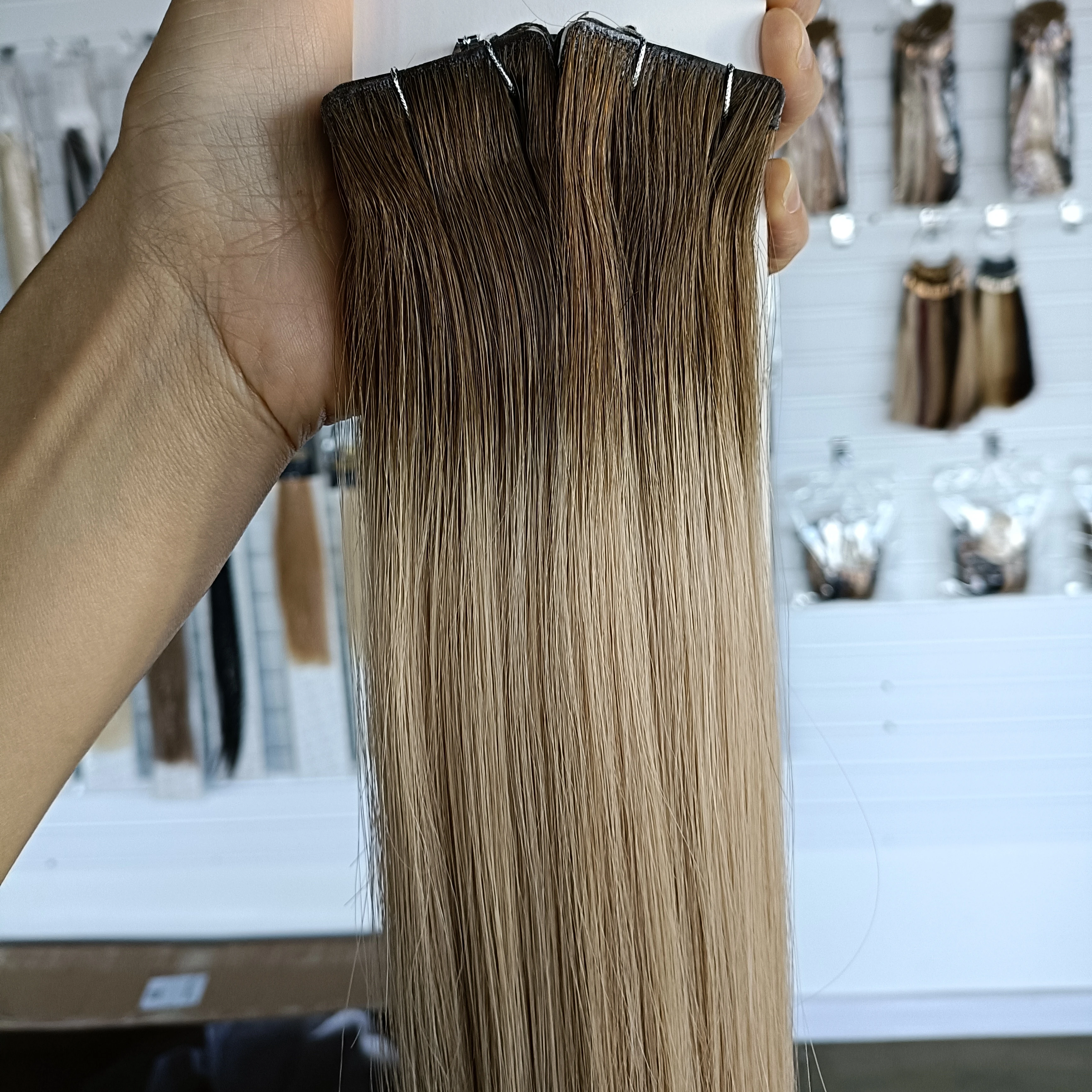 New Luxury Trend PU Injected Skin Weft Russian Hair Extensions, Double Drawn Invisible Tape In Hair Extensions