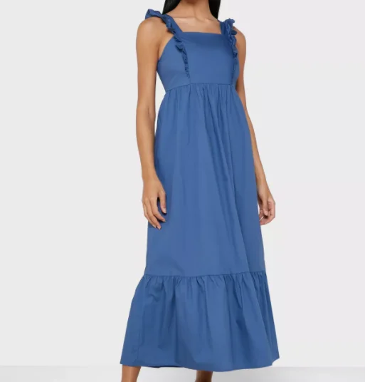 Yunnes Sleeveless with Frill Trim Square Neck Back Concealed Zipper Casual Maxi Dresses
