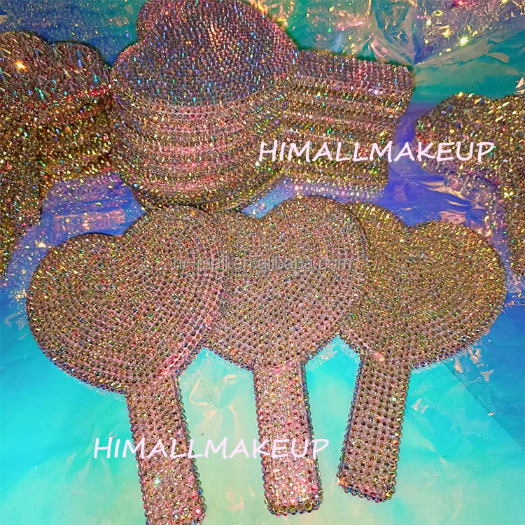 fancy rhinestone princess handheld mini makeup mirror luxury diamond bling lip shape eyelash salon mirror