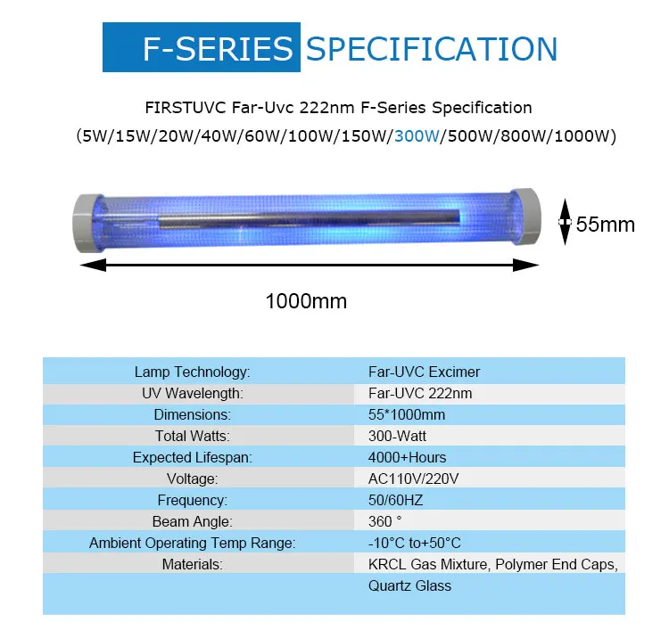 
Firstuvc 222nm 300W F-Series ultraviolet lamp uvc light sterilizer UVC Quartz Lamp Kills 99% of Germs Viruses for airport 