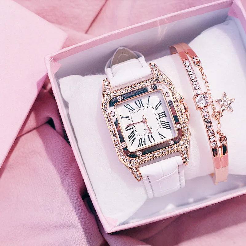 Hot Sale Women Ladies Fashion Leather Strap Square Diamond Quartz Wrist Bracelet Watches Gift Set for ladies women