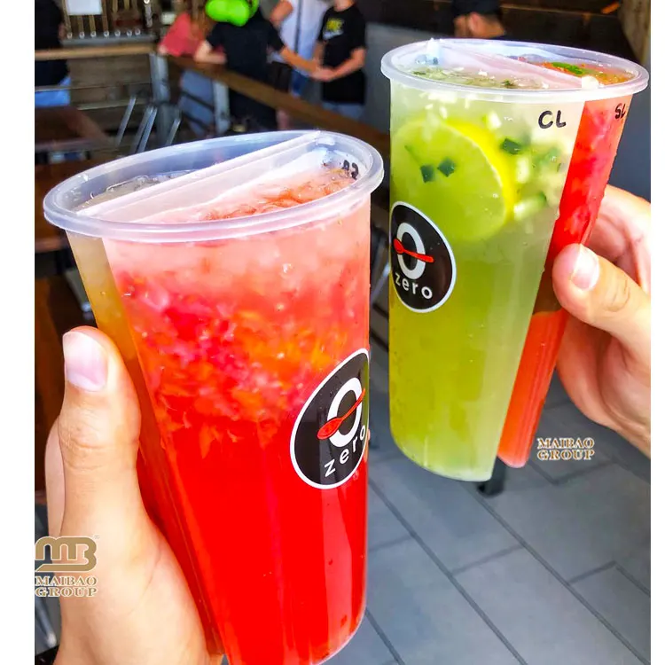 24oz 700ml Pp Plastic Split Boba Cups Bubble Tea Share Cup 3 Compartment Juice Cup With Lid Custom Logo Print