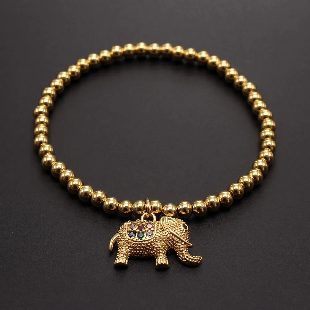 Cubic Zircon Leopard/Elephant/Bull/Lion Animal Charms Bracelet Brass Jewelry Round Beaded Bangle 18K Gold Plated Women Bracelet