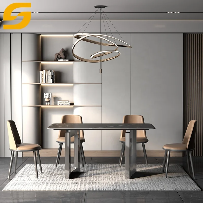 Modern Home Furniture Simple Luxury Design 6 Seater Dining Table Set Stainless Steel Base Rectangle Sintered Stone Dining Table