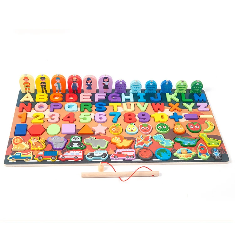 Ten-in-one pair number board multifunctional wooden magnetic fishing toy dinosaur traffic animal cognitive matching puzzle