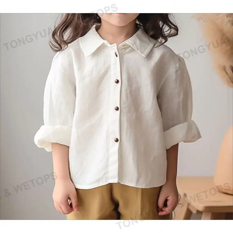 Korean Style Kids Girls White Blouse Beautiful Children Linen Cotton Shirts