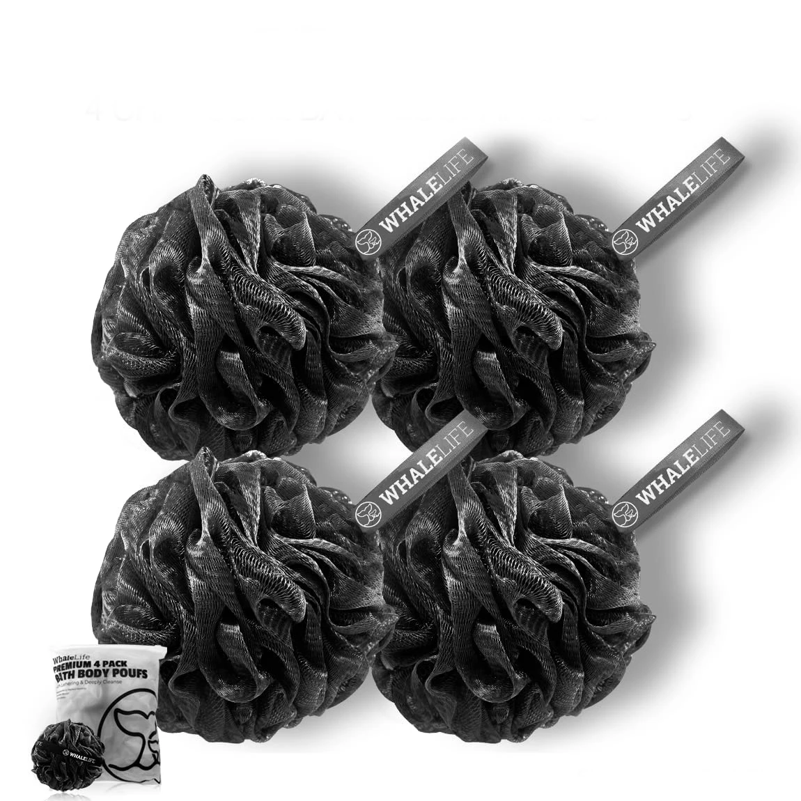 Shower Puff 4 Pack Black Bath Sponge Shower Loofahs, Ramie Hemp Mesh Sisal Bath Body Puff Pouf Shower Exfoliating Loofah Sponge