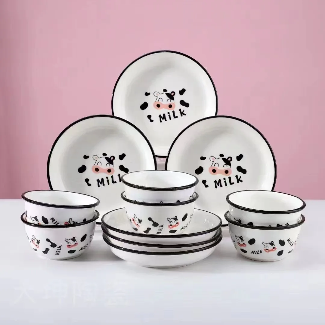 Multi-ceramic bowl plate print cute cow simple gift noodle single soup handle fish