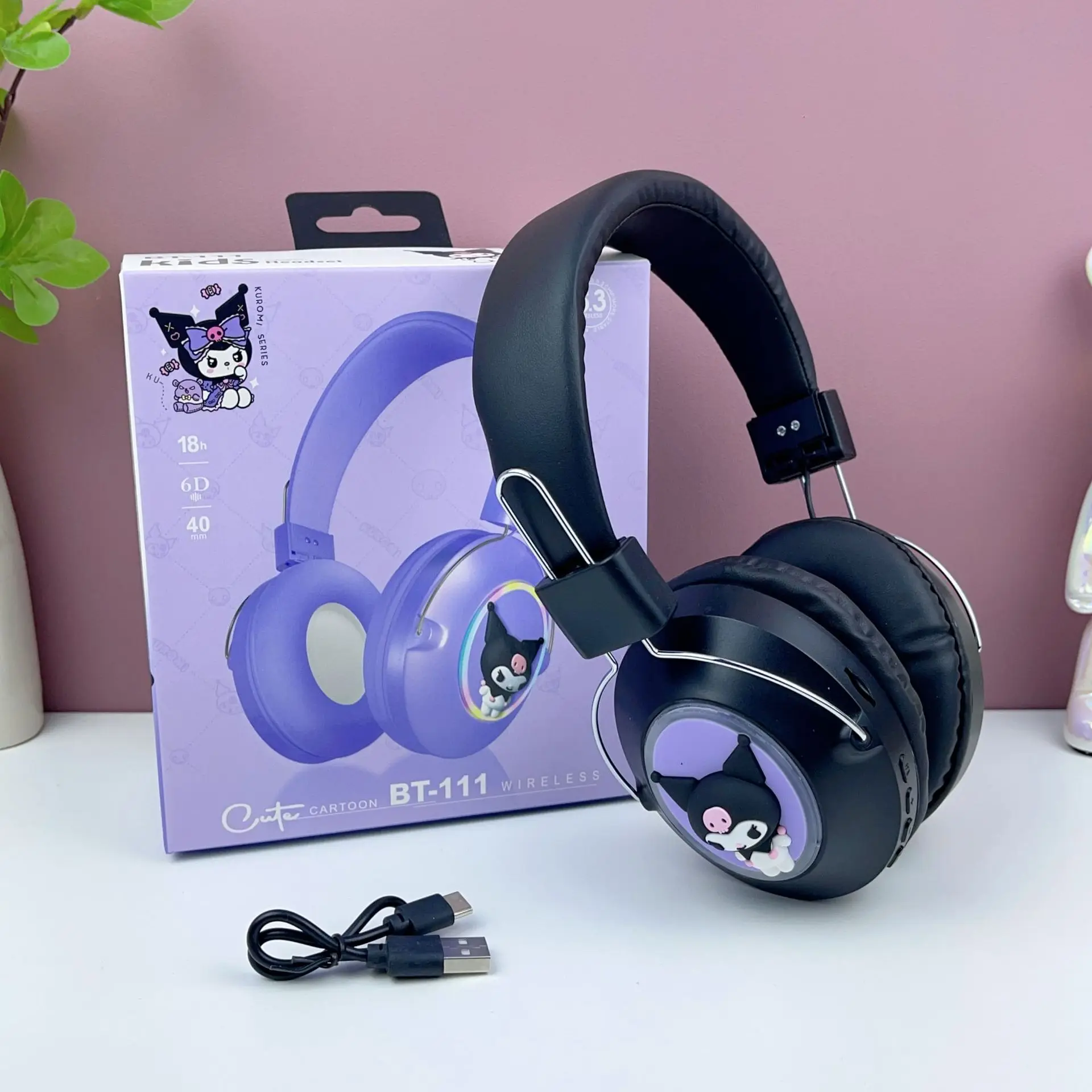 W-728 Cartoon Kuromi Blueteeth Audio Toys Cute Headband Bluetooth Sport Headset Light-emitting Headset