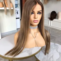 Top Quality 100% Europe Human Hair Jewish Kosher Balayage Highlight Color Silk Straight Full Lace Wigs With Natural Hairline