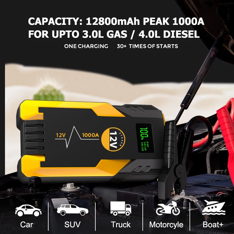 12800mah 12v Multifunction Jump Starter battery pack  battery portable 12v  jump starter for car with Safe clamp