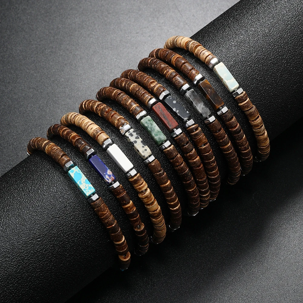 2024 bohemian summer beach style 10 different natural square stone beads brown coconut shell bracelet for men and women