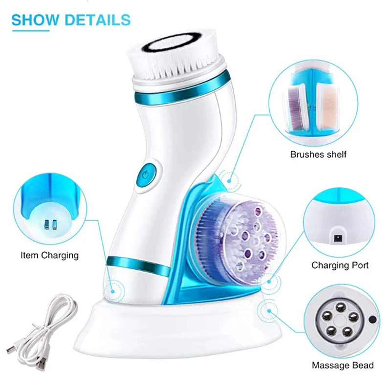4 in 1 Electric Exfoliator Spin Brush Facial Cleansing Brush with Replaceable Heads