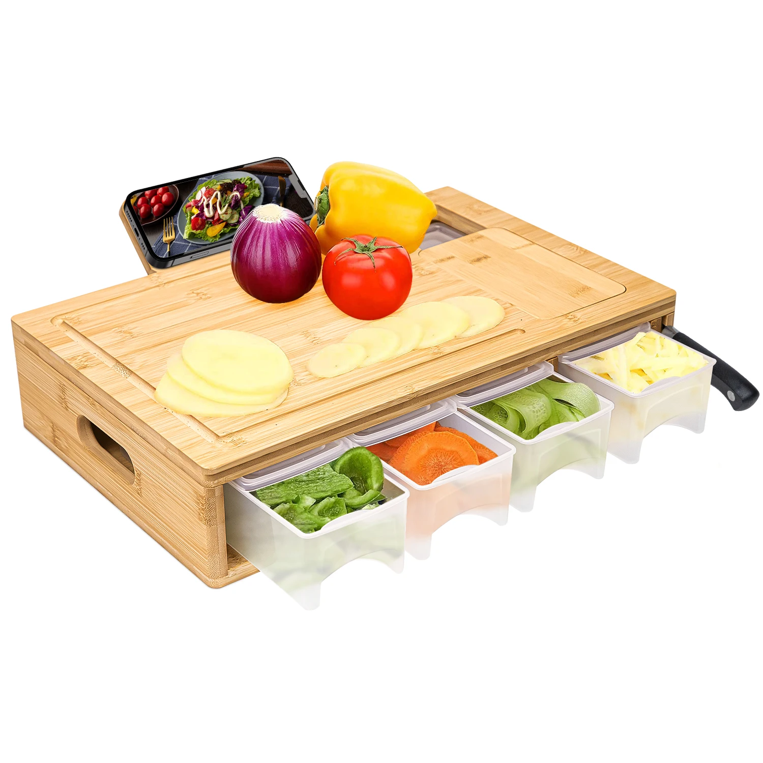 Многофункциональная бамбуковая разделочная доска, 4 контейнера, лотки для хранения, деревянная разделочная доска, съемная верхняя станция для подготовки еды
