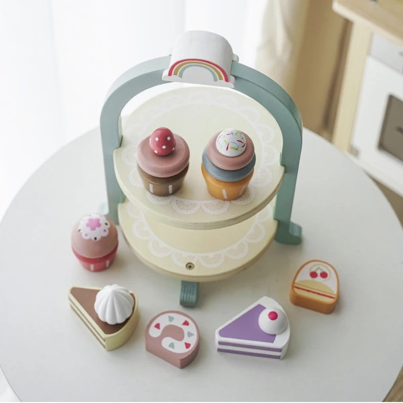 New Arrival Pretend Play Food Sets Wooden Afternoon Tea Cake Stand Dessert Toys For Kids