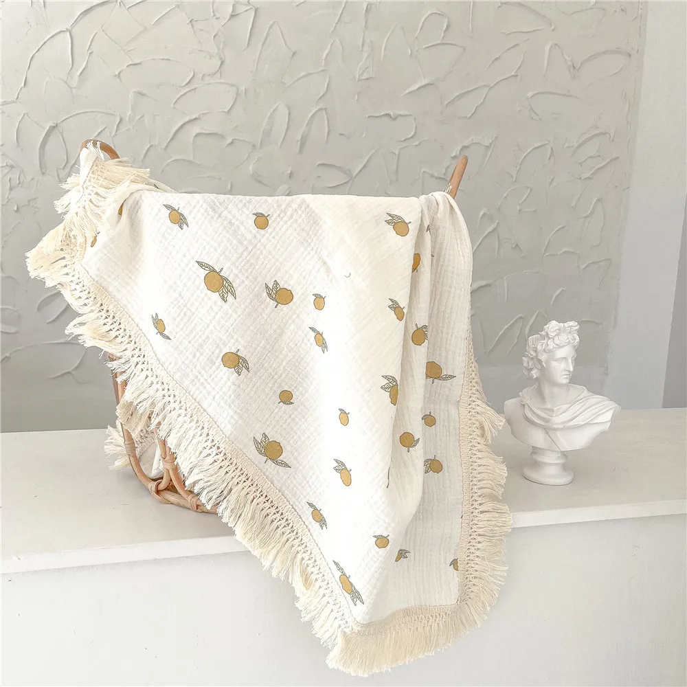 Boho Rainbow Star Moon Muslin Baby Blanket Wrap Gauze Quilt Leopard Floral Tassel Fringe Baby Muslin Cotton Swaddle Blanket