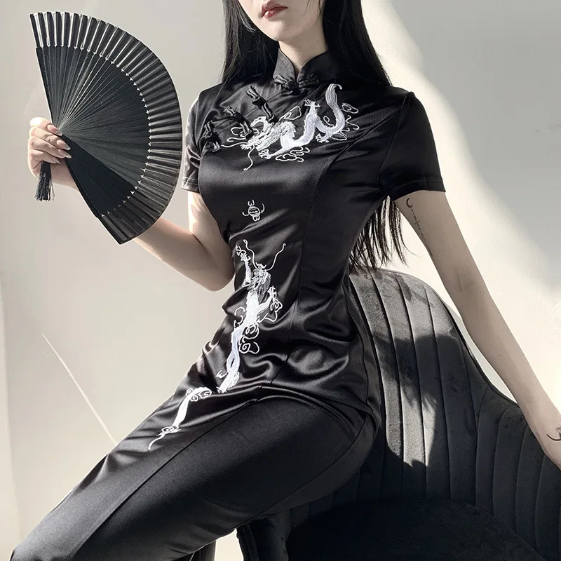 Black Cheongsam Modern Dress With Split Dragon Embroidered Maxi Dress Elegant Casual Chinese Dresses