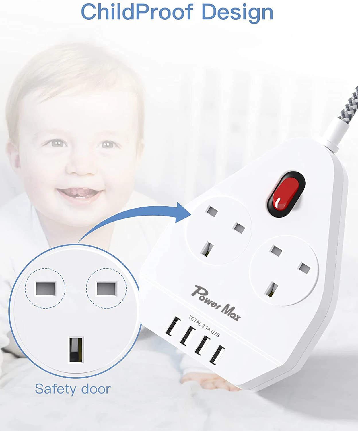 Extension Lead UK Pin Plug and Cable, 2 Gang Way 2m Power Adapter, Multi Socket Mains Strip White