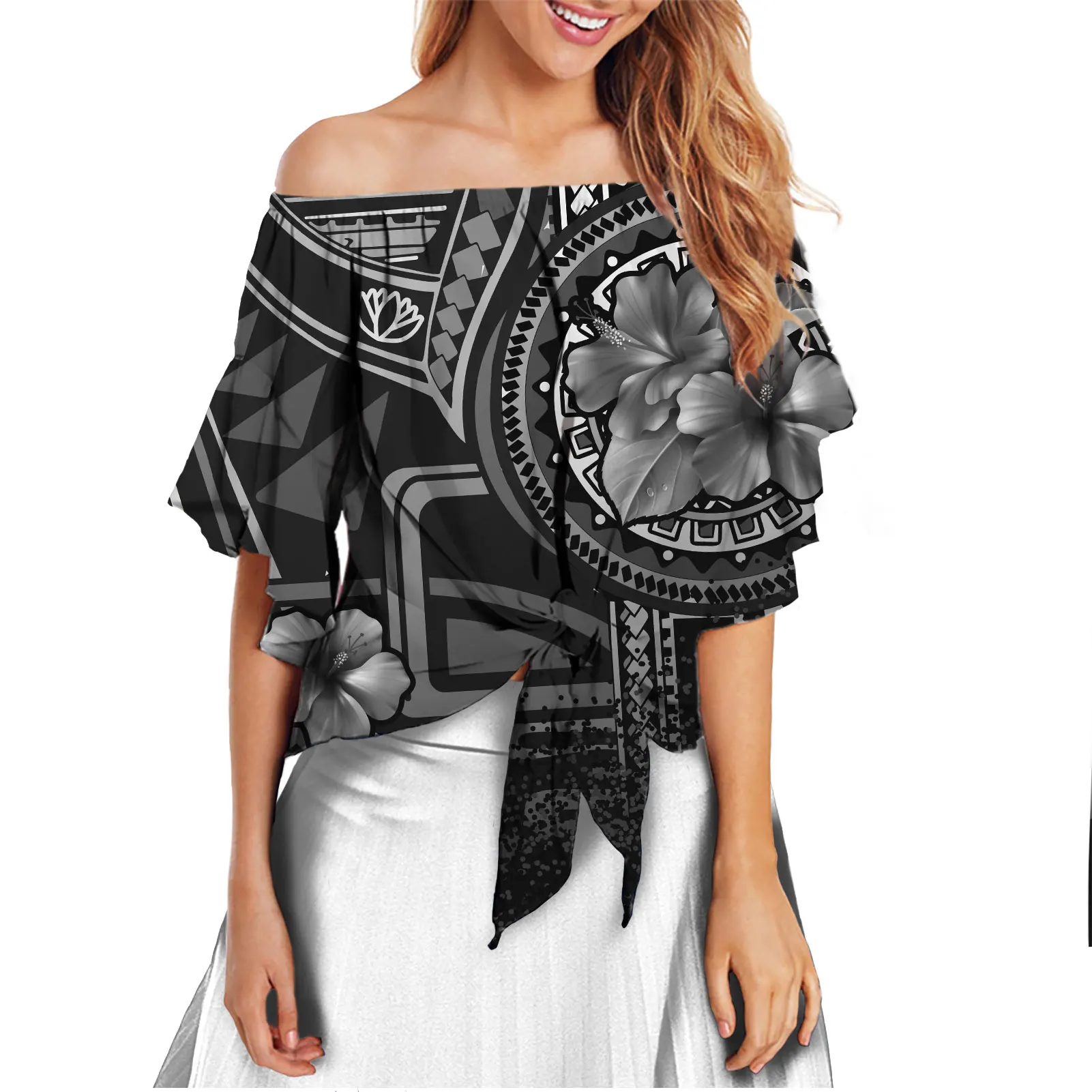 Новая женская футболка с широкими рукавами и монохромной мозаикой в полинезийском стиле, украшение с узлом