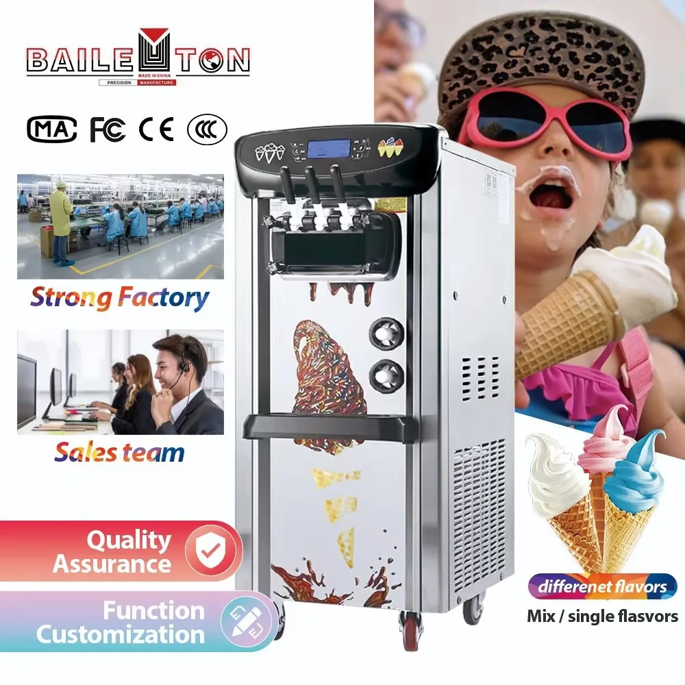 Easy Moving Operation Stainless Steel 3 Flavours Ice Cream Machine Soft Ice Cream Maker